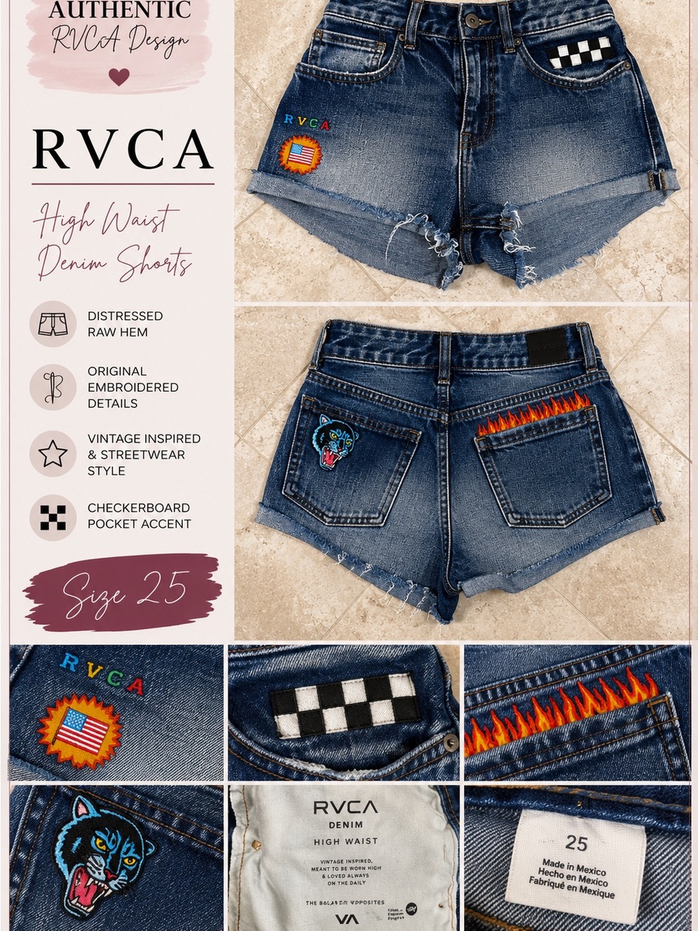RVCA High-Waist Denim Shorts with Embroidered Flames & Checkerboard - Blue